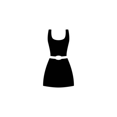 Moda, tarz ve kişisel ifadeyi giysiler aracılığıyla temsil eden, stilize edilmiş bir elbise siluetini tasvir eden basit bir siyah ve beyaz simge.