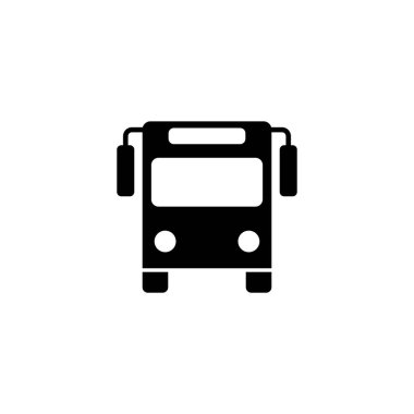 Siyah vektör simgesi, şehir ulaşımı ve seyahatle ilgili tasarımlarda kullanmak için ideal olan ön tarafa bakan bir otobüsü betimliyor.