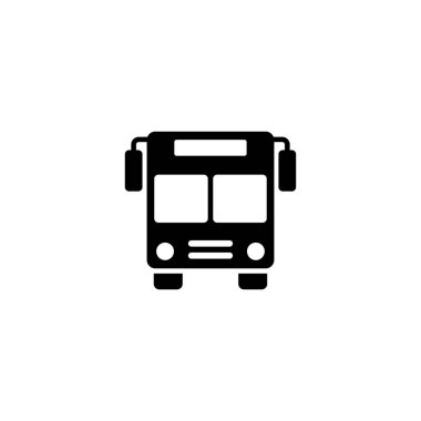 Toplu taşıma veya kentsel hizmetler ile ilgili dijital platformlar için ideal bir ön tarafa bakan bir otobüsü tasvir eden siyah vektör simgesi.