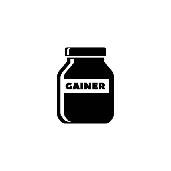 stock vector Black vector icon of a supplement jar labeled GAINER, perfect for fitness and bodybuilding.