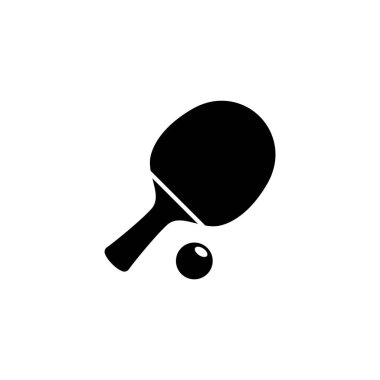 Bir ping pong raket ve topunu gösteren minimal siyah vektör simgesi, spor ve fitness ile ilgili tasarımlar için mükemmel.