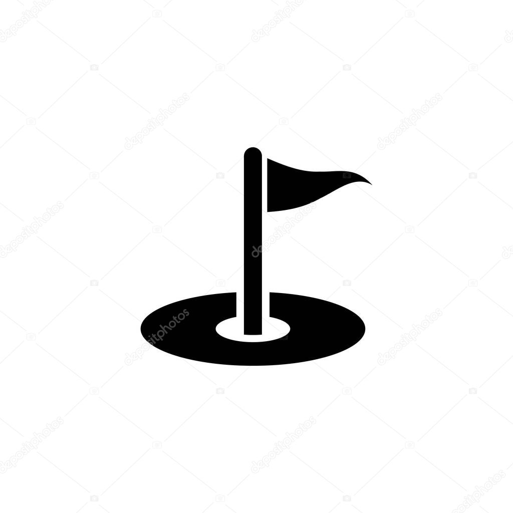 Simple black vector icon of a golf flag in a hole, representing a golf course or game