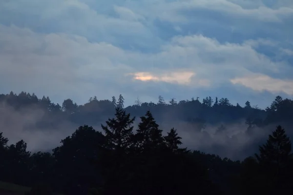 Paisagem Com Nuvens Árvores Nevoeiro — Fotografia de Stock