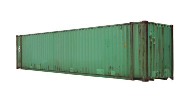 Yeşil aşınmış paslı kargo konteynırı beyaz arka planda izole edilmiş. 
