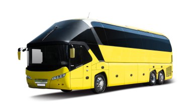 Beyaz arkaplanda sarı renkli Neoplan Starliner otobüsü izole edildi