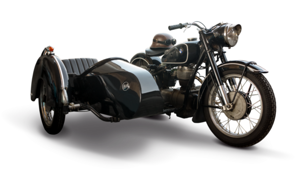 BMW R26 klasik motosiklet. Yan vagonu şeffaf arka planda izole edilmiş. PNG