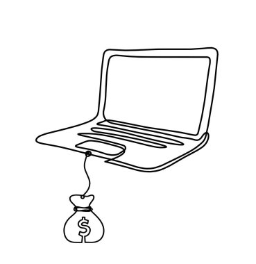 Arkaplan olarak beyaz üzerine dolar çizili soyut dizüstü bilgisayar