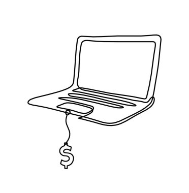 Arkaplan olarak beyaz üzerine dolar çizili soyut dizüstü bilgisayar