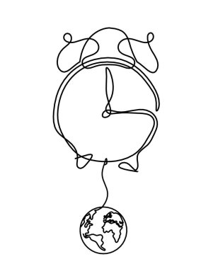 Beyaz arkaplanda çizgi çizimi olarak dünyayı gösteren soyut saat