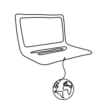 Arkaplan olarak beyaz üzerine çizgi çizimi olan soyut dizüstü bilgisayar