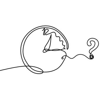 Beyaz arkaplanda çizgi çizimi olarak soru işareti olan soyut saat