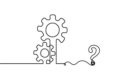 Soyut yuvarlak metal dişliler beyaz arkaplanda çizgi çizimi olarak soru işareti ile çarklar