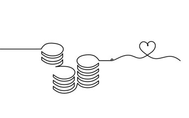 Beyaz arkaplanda sürekli çizgiler olarak kalbi olan soyut paralar