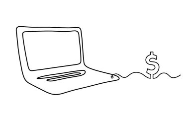 Arkaplan olarak beyaz üzerine dolar çizili soyut dizüstü bilgisayar