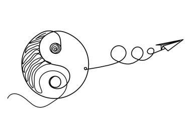 Beyaz arkaplana çizgi çizen kağıt uçaklı yin ve yang işareti