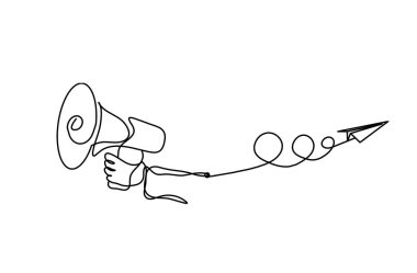 Kağıt düzlemli soyut megafon beyaz arkaplanda sürekli çizgiler olarak çizilir