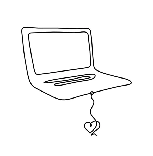 背景として白を基調とした線画としてのハート型ノートパソコン — ストックベクタ