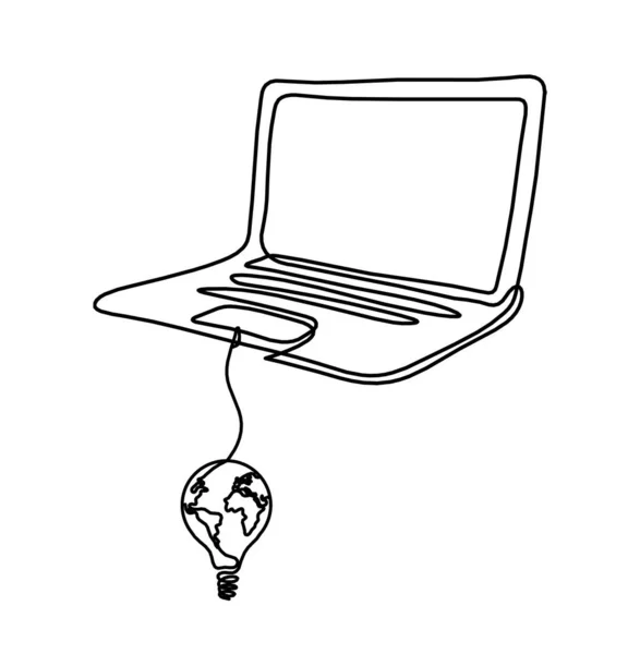 背景として白に線画として地球電球と抽象ノートパソコン — ストックベクタ