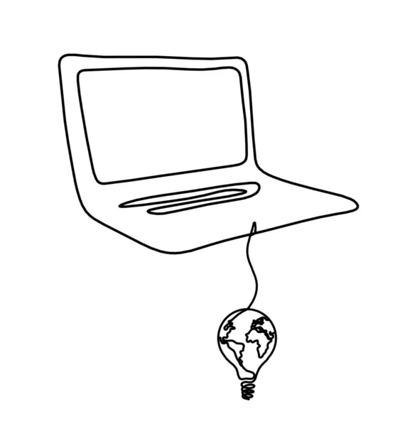 Abstrakcyjny Laptop Żarówką Globu Jako Rysunek Linii Białym Tle — Wektor stockowy