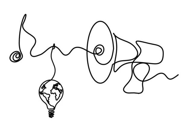Абстрактный Мегафон Лампочкой Глобуса Виде Непрерывных Линий Белом Фоне — стоковый вектор