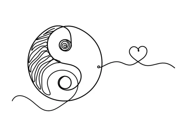 Tecken Yin Och Yang Med Hjärta Som Linje Ritning Vit — Stock vektor