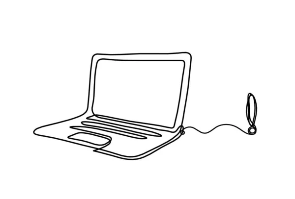 Abstrakter Laptop Mit Ausrufezeichen Als Linienzeichnung Auf Weißem Hintergrund — Stockvektor