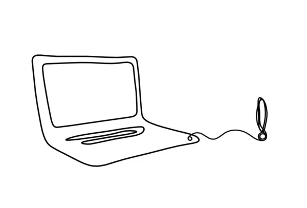 Laptop Abstrato Com Ponto Exclamação Como Desenho Linha Branco Como — Vetor de Stock