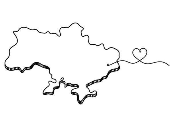 Carte Ukraine Avec Coeur Comme Dessin Ligne Sur Fond Blanc — Image vectorielle