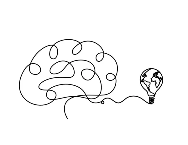 Mensch Silhouette Gehirn Mit Globus Glühbirne Als Linienzeichnung Auf Weißem — Stockvektor
