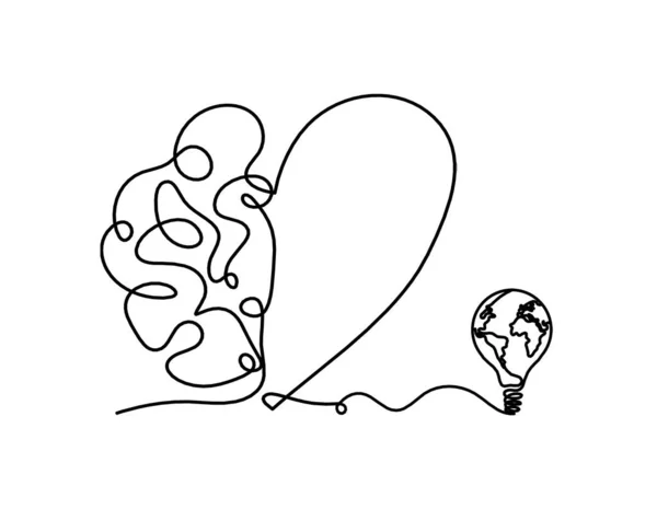 白い背景に線画として地球電球と男シルエット脳 — ストックベクタ