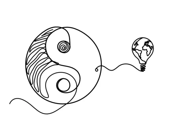 Zeichen Von Yin Und Yang Mit Globus Glühbirne Als Linienzeichnung — Stockvektor