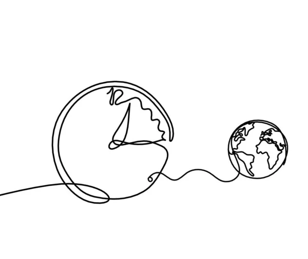 Abstrakte Uhr Mit Globus Als Linienzeichnung Auf Weißem Hintergrund — Stockvektor