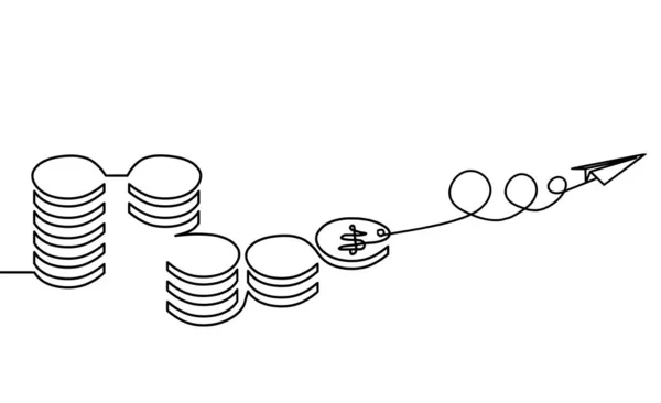 Abstrakte Münzen Mit Papierflieger Als Durchgehende Linien Auf Weißem Hintergrund — Stockvektor