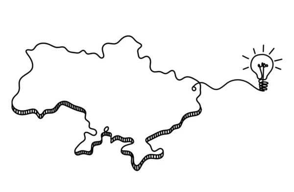 Karte Der Ukraine Mit Glühbirne Als Linienzeichnung Auf Weißem Hintergrund — Stockvektor