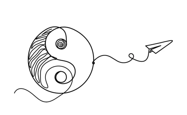 Zeichen Von Yin Und Yang Mit Papierflieger Als Linienzeichnung Auf — Stockvektor