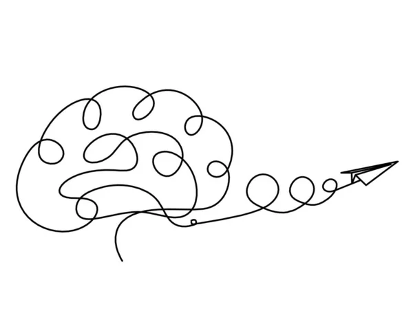 Mensch Silhouette Gehirn Mit Papierflieger Als Linienzeichnung Auf Weißem Hintergrund — Stockvektor