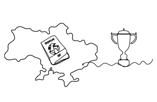 Carte Ukraine Avec Trophée Globe Comme Dessin Ligne Sur Fond — Image vectorielle