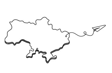 Ukrayna haritası beyaz arkaplan üzerine çizgi çizimi olarak küresel kağıt düzlemi ile