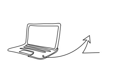 Arkaplan olarak beyaz üzerine çizgi çizimi olarak yön işaretli soyut dizüstü bilgisayar
