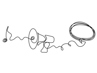 Beyaz arkaplanda sürekli çizgiler çizen yorumlu soyut megafon