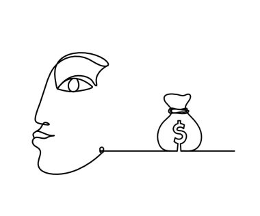 Kadın silueti yüz ve dolar beyaz üzerine çizgi çizimi gibi