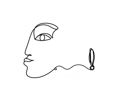 Beyaz üzerine çizgi çizimi olarak ünlem işareti olan siluet kadın yüzü