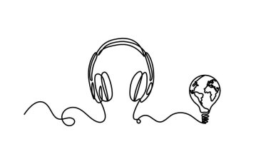 Küresel ampullü soyut kulaklıklar beyaz arkaplanda sürekli çizgiler oluşturur