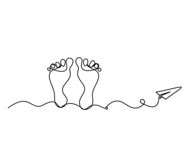 Soyut ayak silueti ve beyaz üzerine çizgi çizen kağıt uçak.