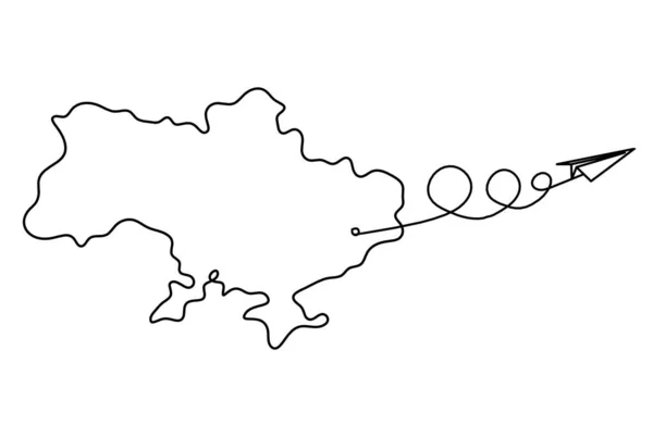 Karte Der Ukraine Mit Weltkugelpapierflugzeug Als Linienzeichnung Auf Weißem Hintergrund — Stockvektor