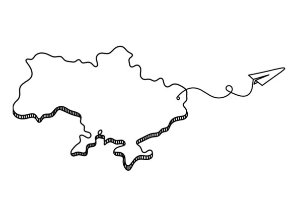 Карта Украины Бумажной Плоскостью Глобуса Рисунок Линии Белом Фоне — стоковый вектор