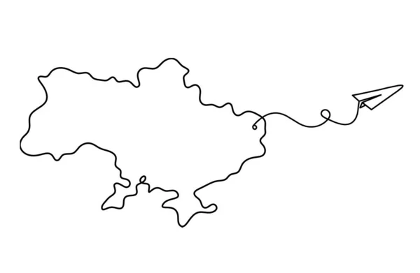 Karte Der Ukraine Mit Weltkugelpapierflugzeug Als Linienzeichnung Auf Weißem Hintergrund — Stockvektor