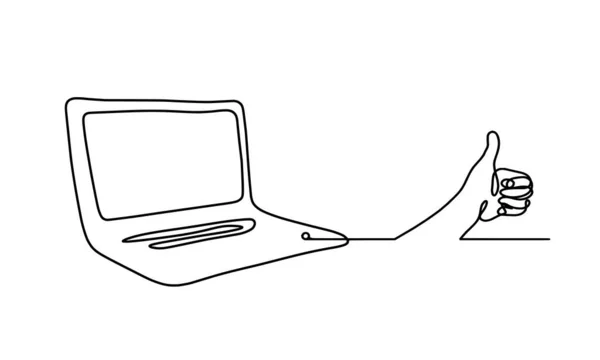 Laptop Astratto Con Mano Come Disegno Linea Bianco Come Sfondo — Vettoriale Stock