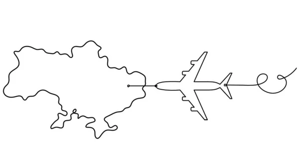 Karte Der Ukraine Mit Flugzeug Als Linienzeichnung Auf Weißem Hintergrund — Stockvektor