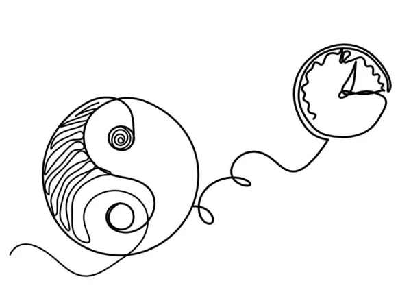 Zeichen Von Yin Und Yang Mit Uhr Als Linienzeichnung Auf — Stockvektor